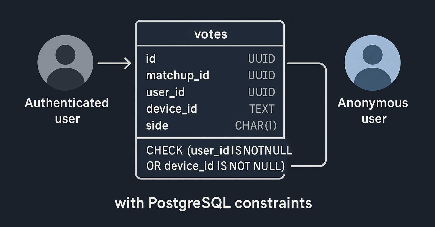 Database schema structure - votes table with dual attribution fields and constraints